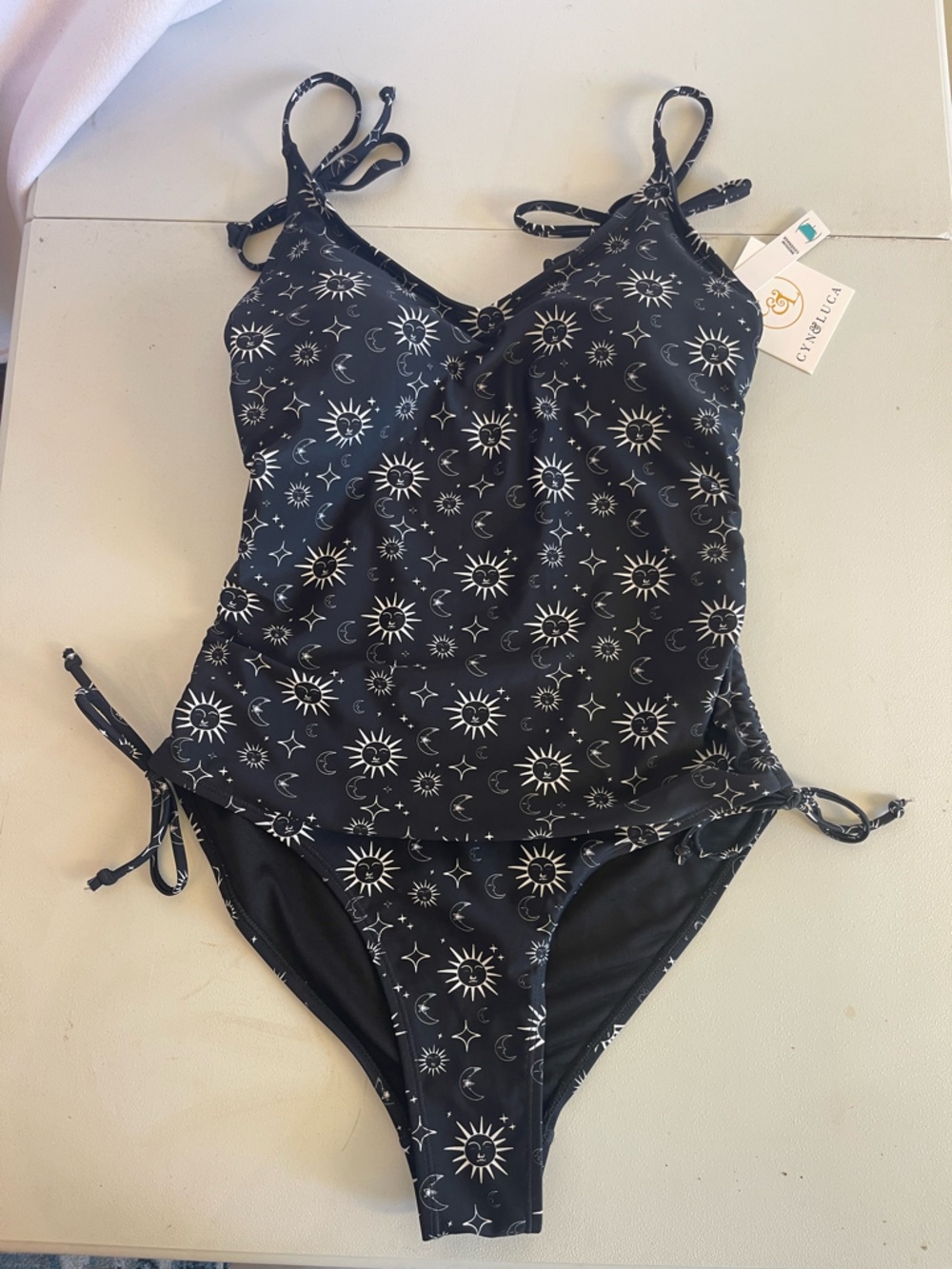 Black One Piece Swimsuit M Sun Moon Stars Whimsigoth Adj Straps Soft Cups NWT - Picture 4 of 14